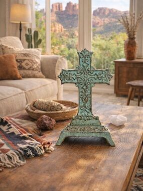 Rustic Cast Iron Cross Decor w/ Stand Blue Green Patina Western Farmhouse 9”